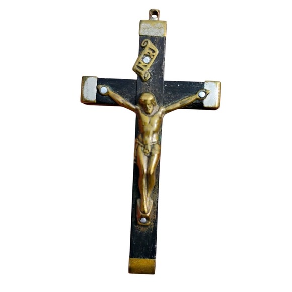 Vintage Silvertone Metal & Ebony Wood Pectoral Jesus Crucifix‎ Cross  2 1/4" - Picture 1 of 9